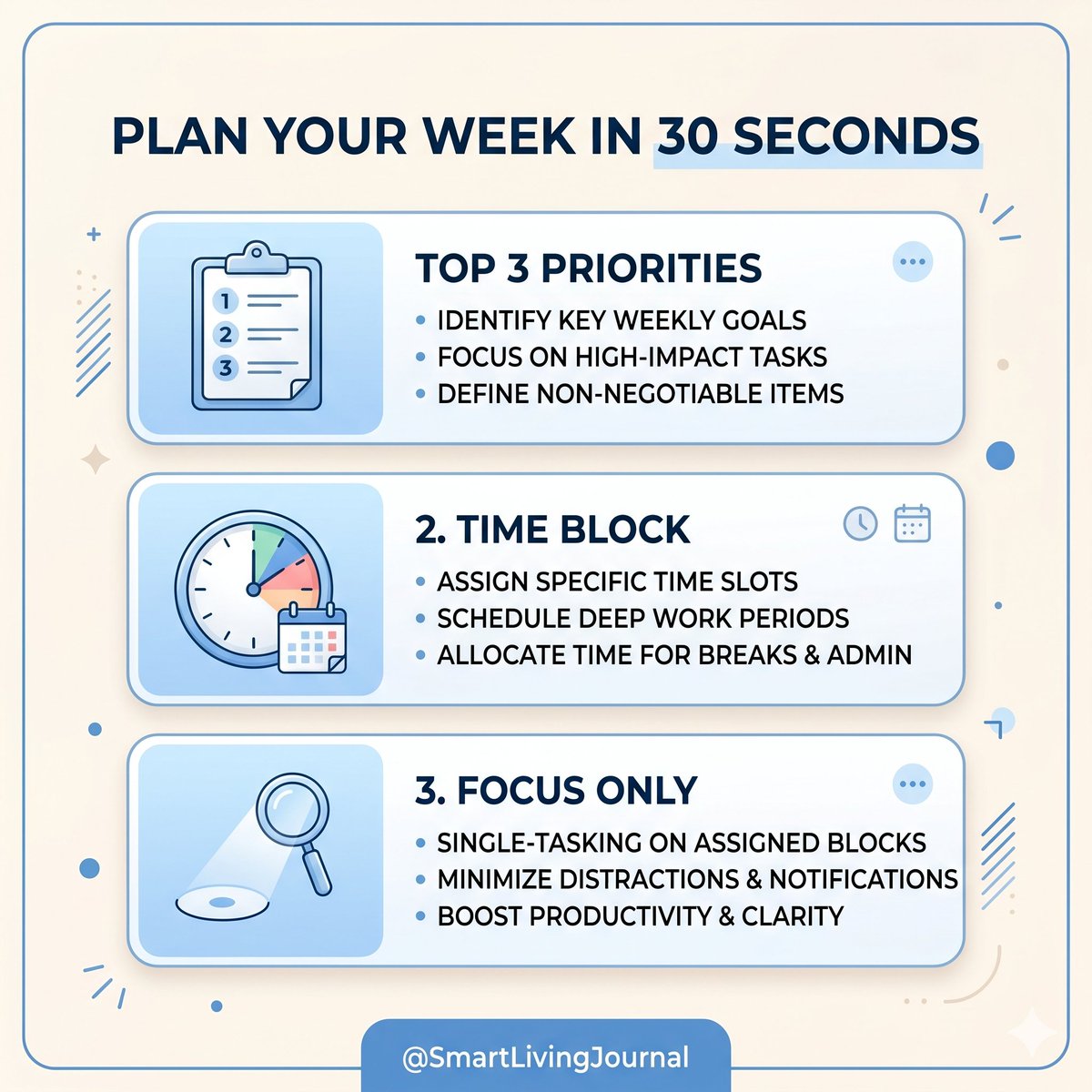 prabirdutta's tweet image. Plan your week in 30 seconds:

Top 3 priorities
Block time
Focus only

Clarity beats complexity.

👉 Full guide (step-by-step):
 smartlivingjournal.com/plan-your-week…

#WeeklyReset #FocusLife #MinimalPlanning #SmartHabits #ProductiveWeek