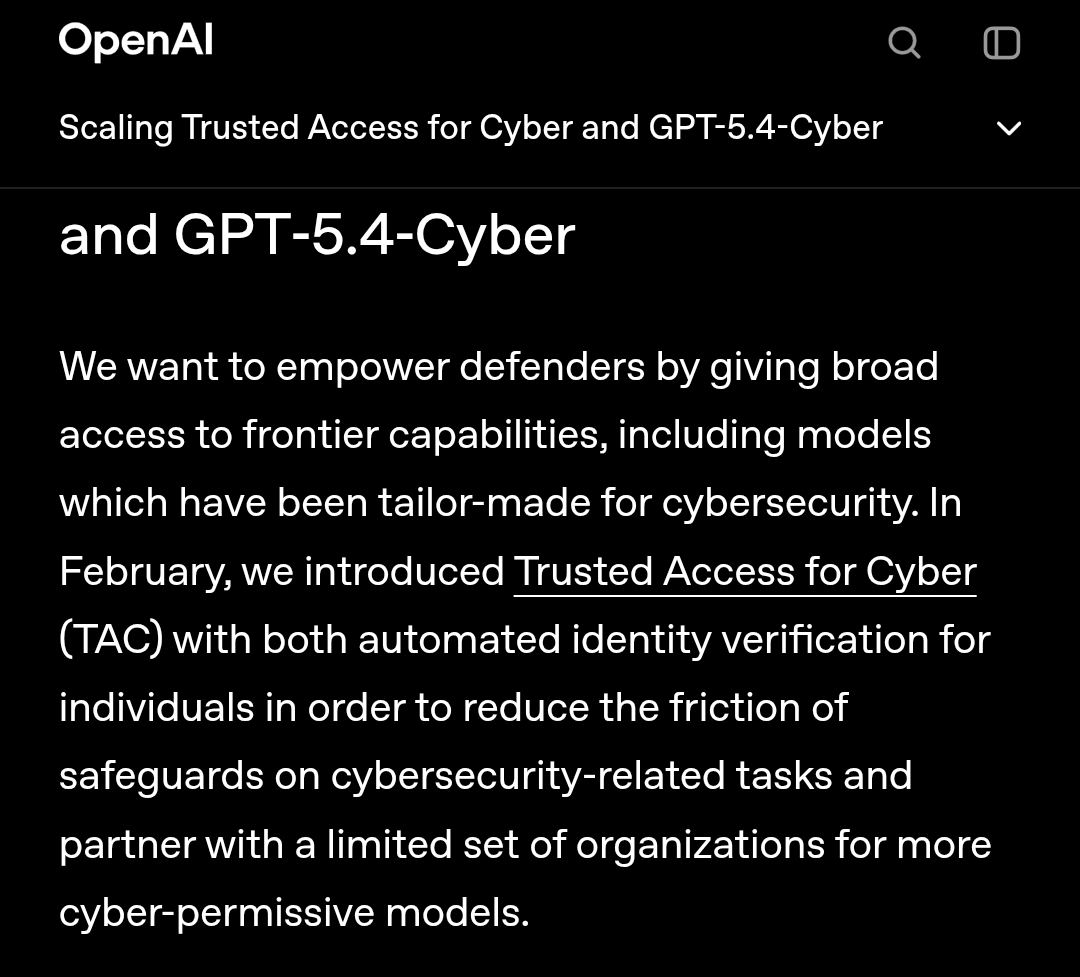 ai_for_success's tweet image. OpenAI New Model ⚡: OpenAI has released GPT-5.4-Cyber. 

TLDR
- Launches GPT-5.4-Cyber, a model fine-tuned for defensive security with fewer refusal restrictions
- Enables advanced workflows including binary reverse engineering and malware analysis
- Scales the Trusted Access