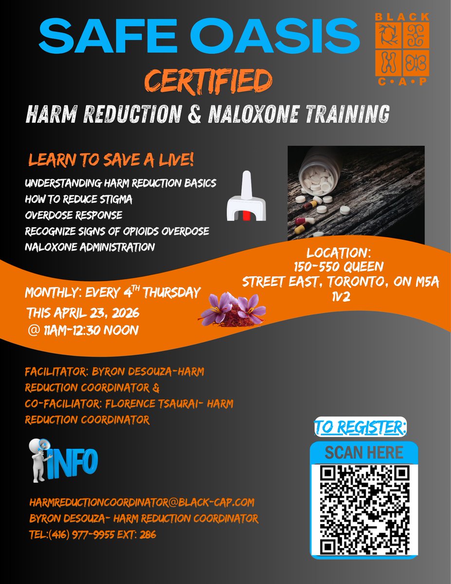 BlackCAPTO's tweet photo. Join @BlackCAPTO on April 23 (11 AM - 12:30 PM) for Harm Reduction &amp; Naloxone Training. Learn to recognize overdoses and administer Naloxone in a supportive, non-judgmental space. Register: https://t.co/Gb9cvMnZe3
#HarmReduction #Naloxone #Toronto https://t.co/1K4WYFvscB