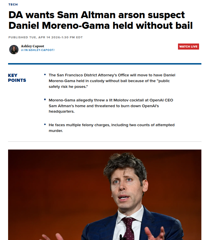 rohanpaul_ai's tweet image. San Francisco prosecutors want Daniel Moreno-Gama, the 20-year-old suspect in the attack on Sam Altman’s home, held without bail after alleging he threw a Molotov cocktail, tried to target OpenAI’s HQ, and posed an ongoing public-safety threat.

He had a AI CEO kill list,