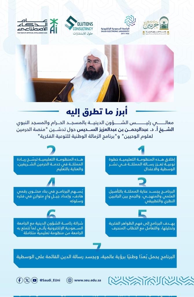 أبرز ما تطرق إليه معالي رئيس الشؤون الدينية بالمسجد الحرام والمسجد النبوي الشيخ أ.د. عبدالرحمن بن عبدالعزيز السديس حول تدشين "منصة الحرمين لعلوم الوحيين"، وبرنامج "الزمالة الوطنية للتوعية الفكرية".

#رواد_تعليم_المستقبل