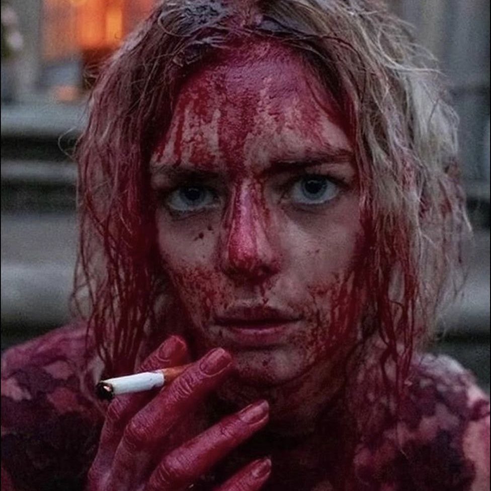 johnnyslawrence's tweet photo. i’m having a really bad, extremely stressful week at work and i’m feeling like grace covered in blood smoking a cigarette https://t.co/ISe4SyWZEO