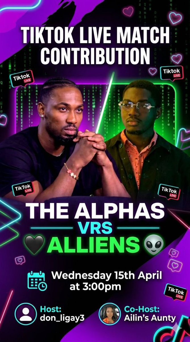 🚨 Calling all Alphas! 🚨

It’s time to battle the Aliens 👽 on TikTok, get ready for a crazy, fun match! 🔥

⏰ 3 PM WAT SHARP… don’t come late o, we won’t be waiting! 😄

#PerfectMatchXtra