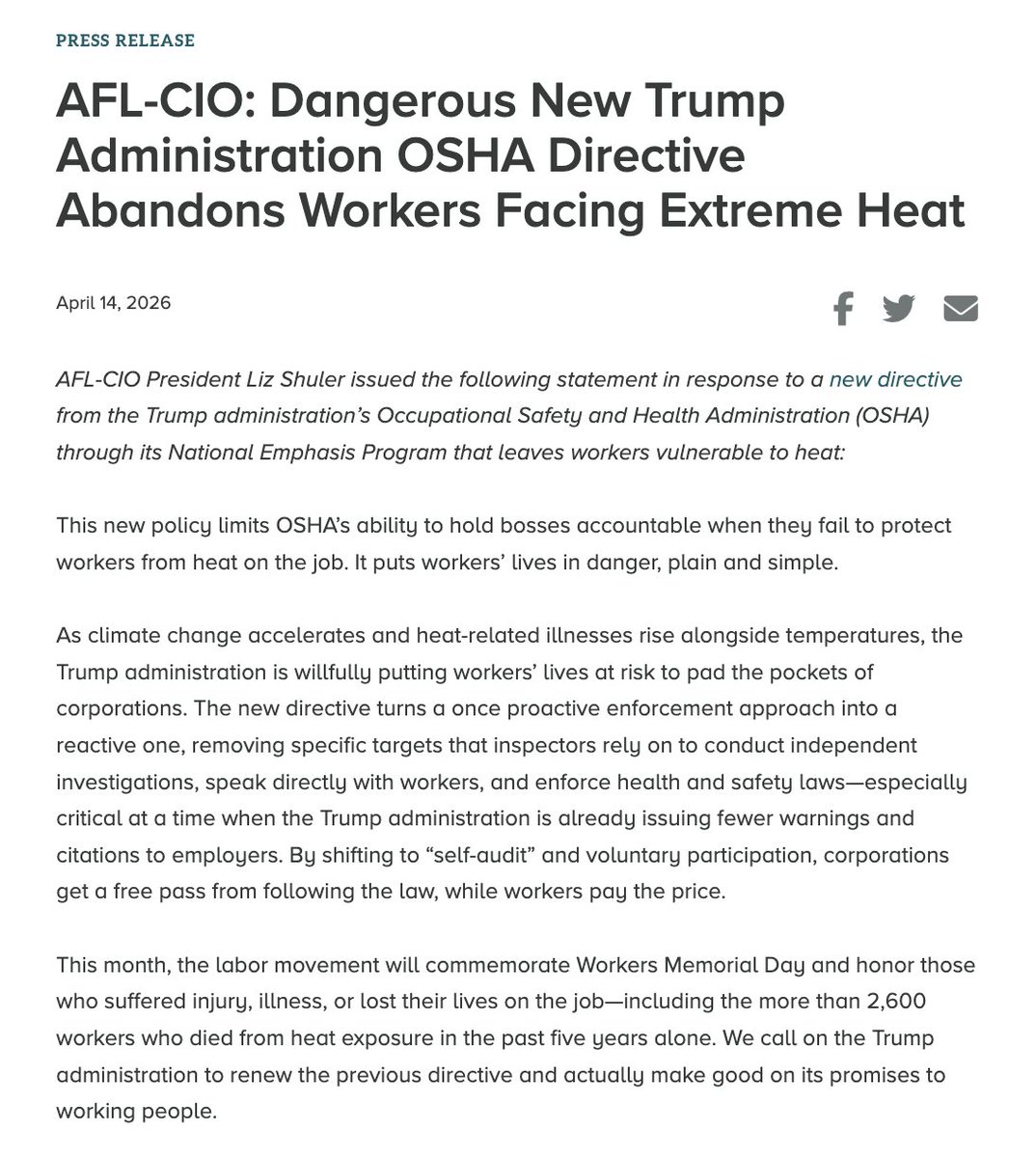 As climate change accelerates and heat-related illnesses rise, the Trump administration is putting workers’ lives at risk to pad corporate profits. Weakening OSHA enforcement is unacceptable. It’s time to deliver for working people.