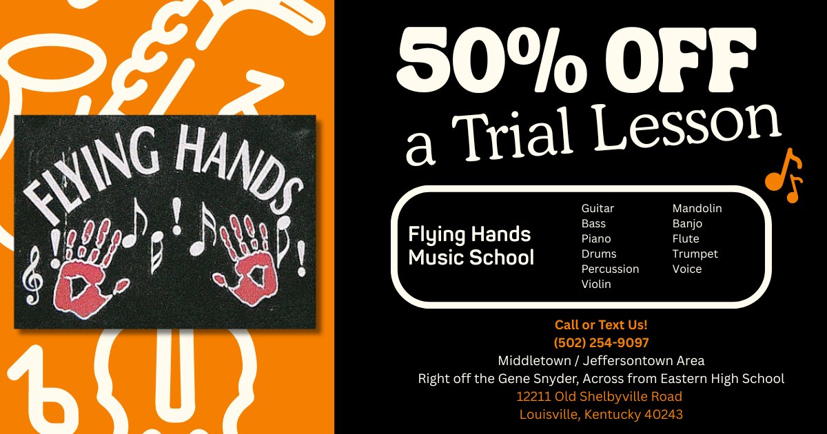_FlyingHands_'s tweet photo. 🎸 Ready to Find Your Sound? 🎸

Don't let another week go by just thinking about learning an instrument. At Flying Hands Music School, we make it easy (and affordable) to take that first step!

We are still offering 50% OFF your trial lesson! https://t.co/FZEKNIOplr