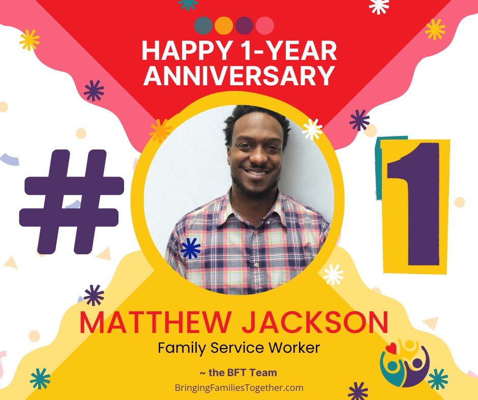 TweetsbyBFT's tweet image. 🎉💜Celebrating 1 year with BFT! 

Congrats to Matthew Jackson, Family Service Worker on our Case Management Team. His experience and passion make a meaningful impact for youth and families.

Read more: bringingfamiliestogether.com/post/the-men-o…

#BFTTeam #WorkAnniversary #FosterCare