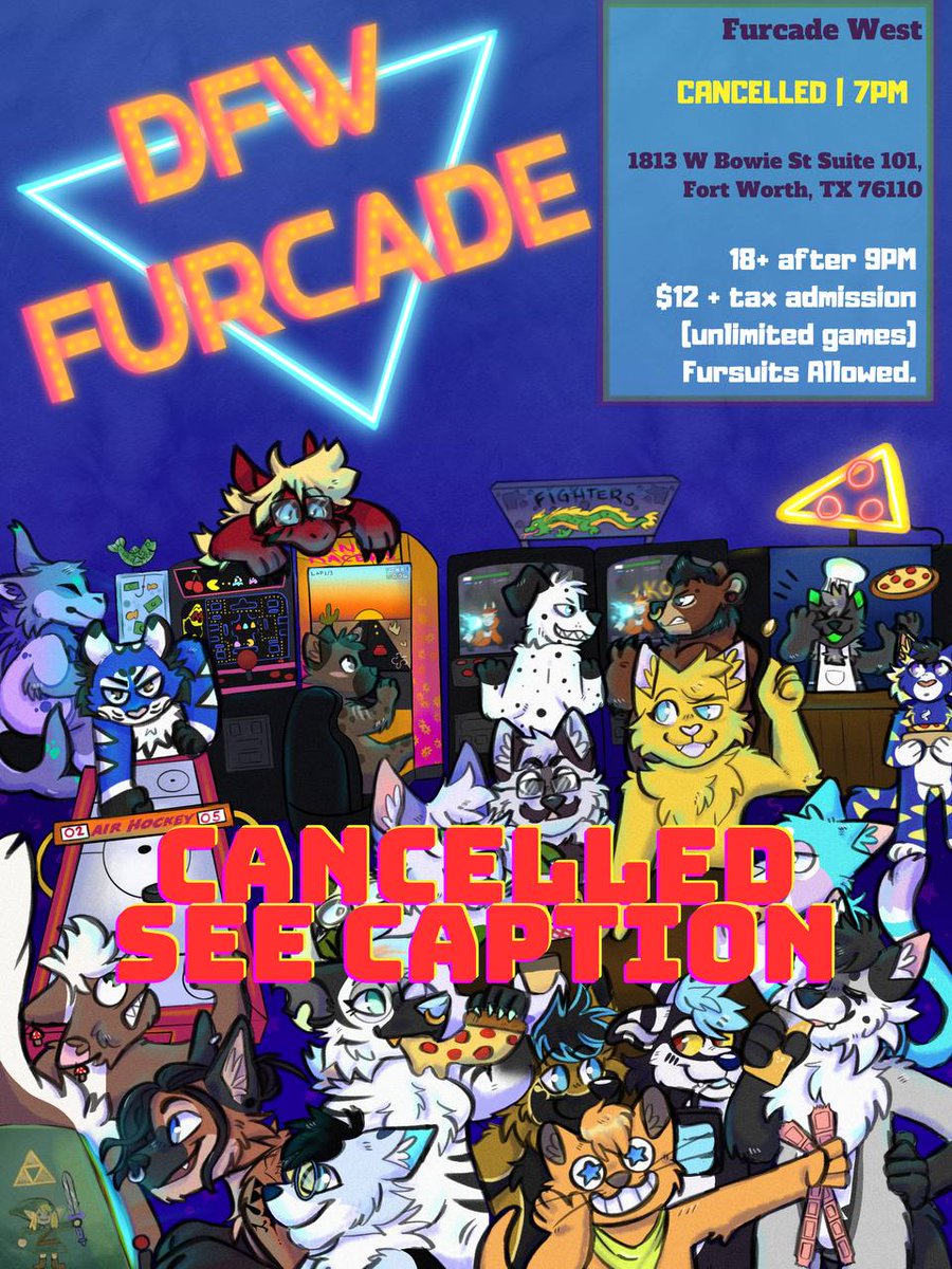 ⚠️ATTENTION- Furcade is cancelled due to the venue no longer allowing face covering / cosplays!

A new location is currently being searched for.

If you would like to vote to keep the meet without suits OR cancel, DM @/gookittycat or @/WinstonGryph on Telegram for the group link!
