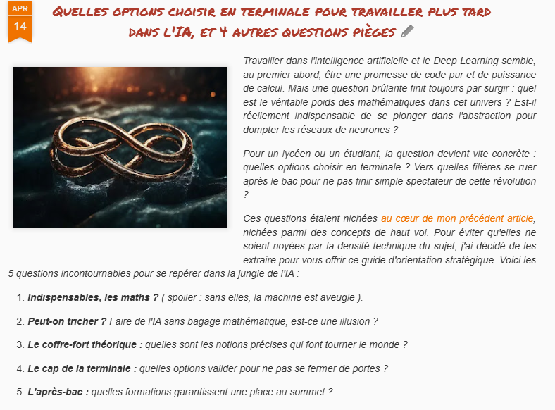 MegamathsTweets's tweet image. Les maths sont-elles indispensables pour l'IA ?
 Quelles options sont à choisir en terminale générale  pour un élève qui désire s'orienter vers des professions de l'IA ?
Quelle formation choisir en post bac ?
#Orientation #Parcoursup #IA #Maths #Education
megamathsblog.blogspot.com/2026/04/14a.ht…