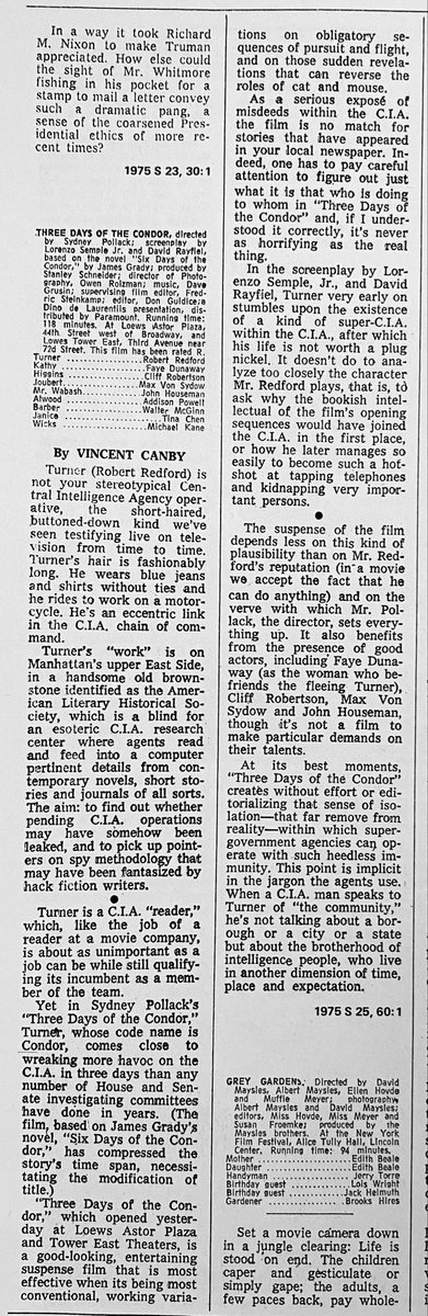 ClassicHBOGuide's tweet image. April 1977 @HBO - the influential conspiracy thriller: THREE DAYS OF THE CONDOR - guide ad, original @nytimes review and article #1970s #conspiracy #classic