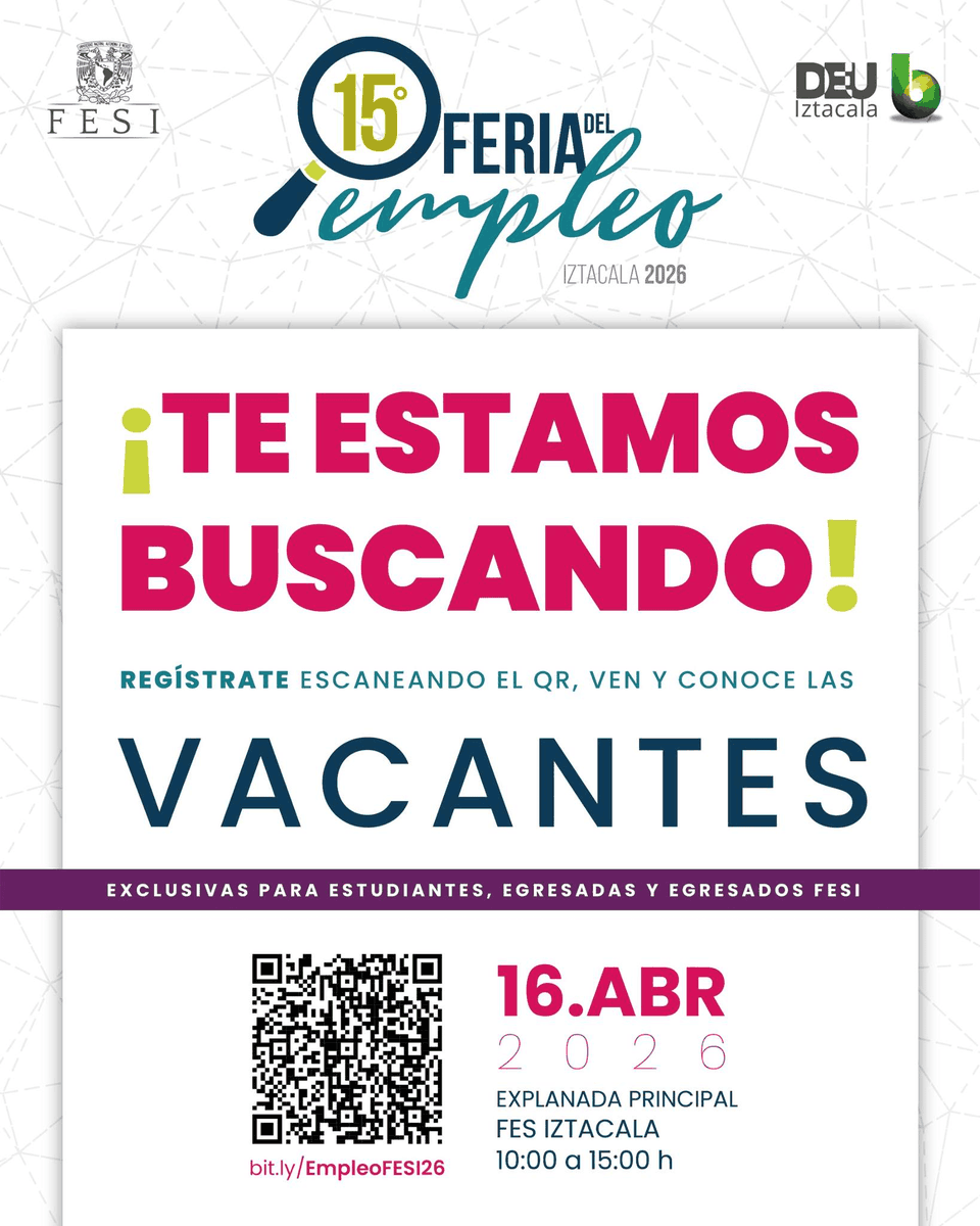 ButDGOAE's tweet photo. #ComunidadFESI La FES Iztacala te invita a su 15° Feria del Empleo 2026, el espacio ideal para conocer vacantes exclusivas y conectar con empresas interesadas en tu talento.
Registra tu participación escaneando el código QR de la imagen #FESIztacala #FeriaDelEmpleo #Empleabilidad https://t.co/I3H92EeJwe