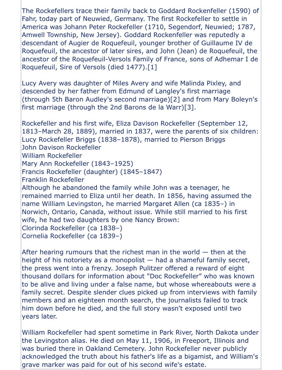 William Avery Rockefeller is traced to the Roquefeuil family of France via Goddard Rockefeller who was a descendant of Augier de Roquefeuil, brother of Guillaume 4th de Roquefeuil.

Augier &amp; his brother were sons of Adhemar 1st de Roquefeuil, Sire of Versols who died in 1477.