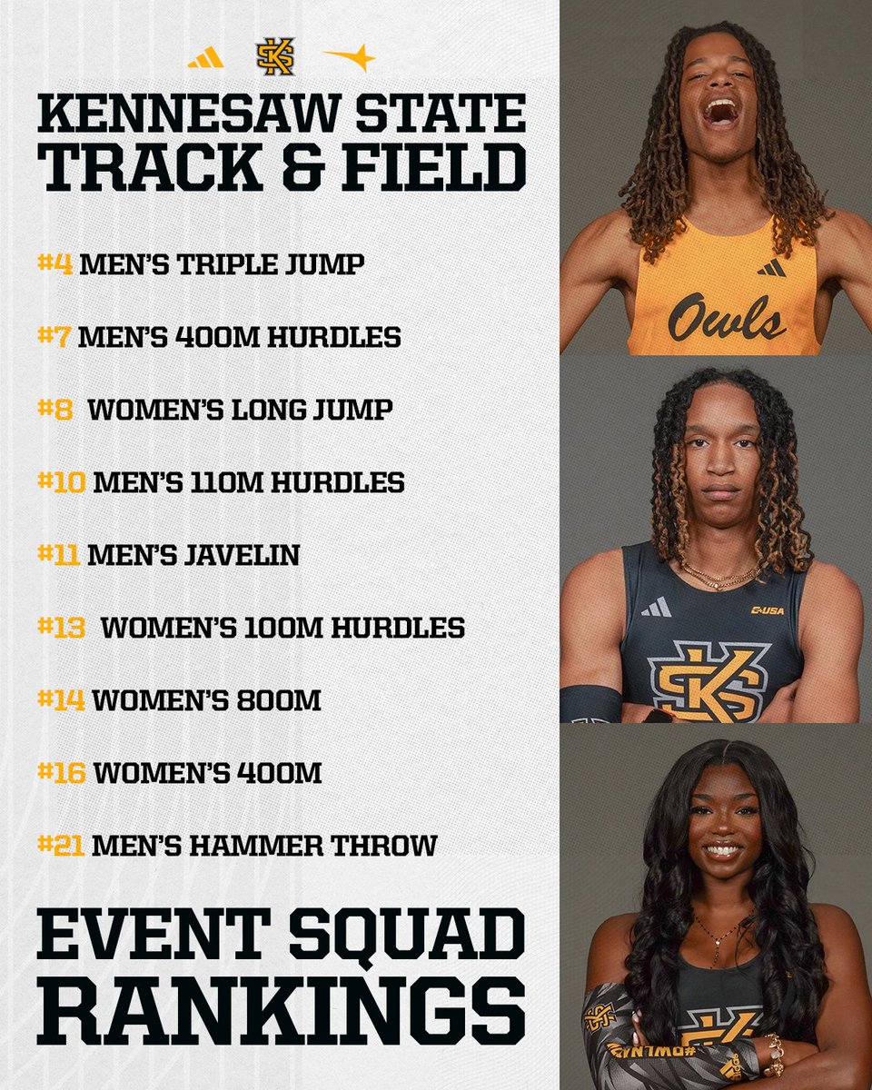 KSUOwlsTrackXC's tweet photo. Week three of the @USTFCCCA and the Owls have nine event groups ranked in the top 21 of the #EventSquad Rankings. https://t.co/nmZuWjRQ28