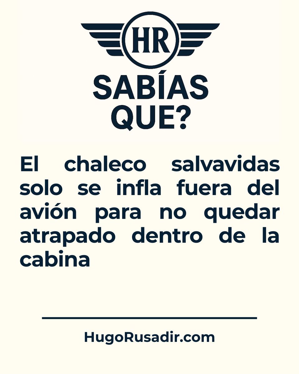HugoRusadir's tweet photo. 🛟✈️ ¿Sabías que…?
El chaleco salvavidas nunca se infla dentro del avión 
✅Se infla ya fuera, para que no te quedes atrapado/a en la cabina.
Pequeños detalles que pueden marcar una gran diferencia en una evacuación 👀
¿Lo sabías? 👇
#ViajarSeguro #Aviación #TipsDeViaje https://t.co/lxZFgtpYIy