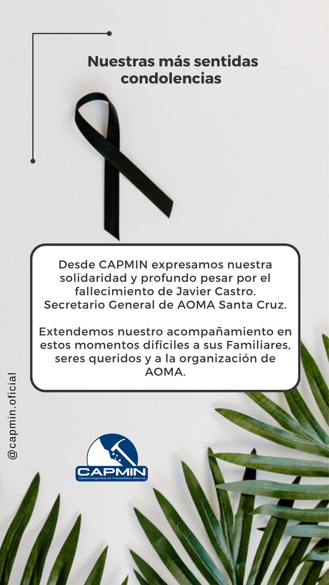 CapminOficial's tweet photo. Desde CAPMIN expresamos nuestras más sentidas condolencias por el fallecimiento de Javier Castro, Secretario General de AOMA Santa Cruz.
Acompañamos con profundo pesar a sus familiares, seres queridos y a toda la organización de AOMA en este difícil momento. https://t.co/9tb55ovkEW