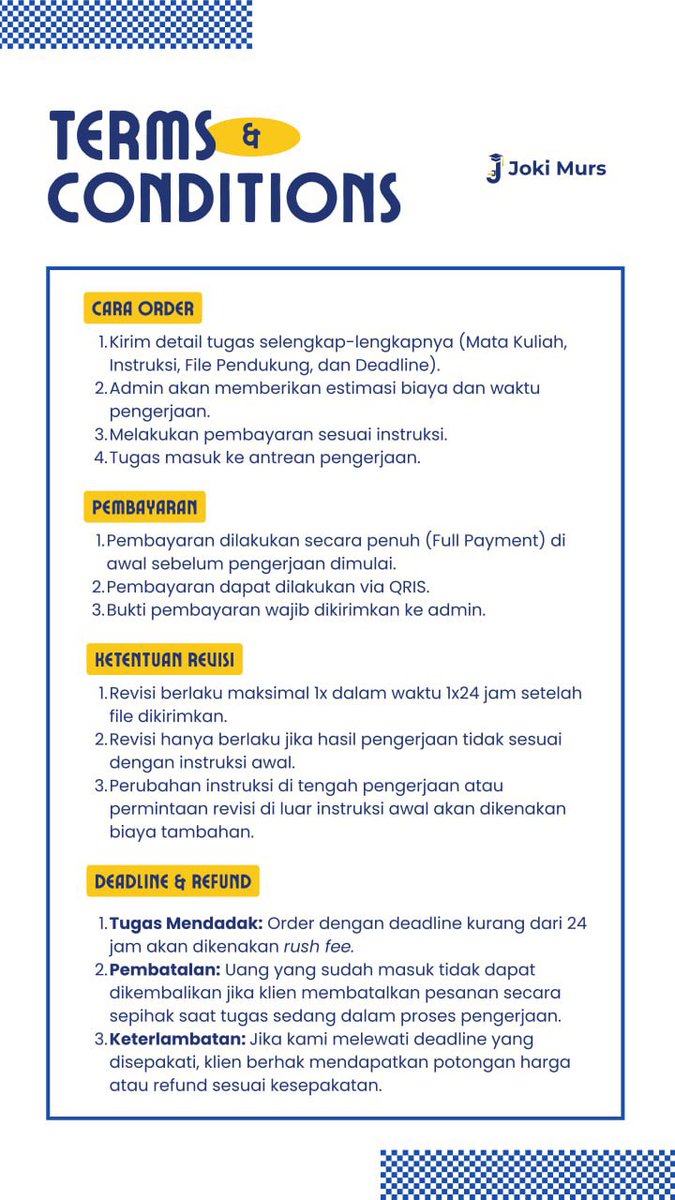 edukaverse's tweet photo. Demi kenyamanan bersama, mohon dibaca dan dipahami terlebih dahulu ya kak ketentuan pengerjaan di @jokimurs sebelum melakukan order.

Dengan melakukan transaksi, klien dianggap menyetujui poin-poin di bawah ini. 🙏 https://t.co/A0f2sfc37X