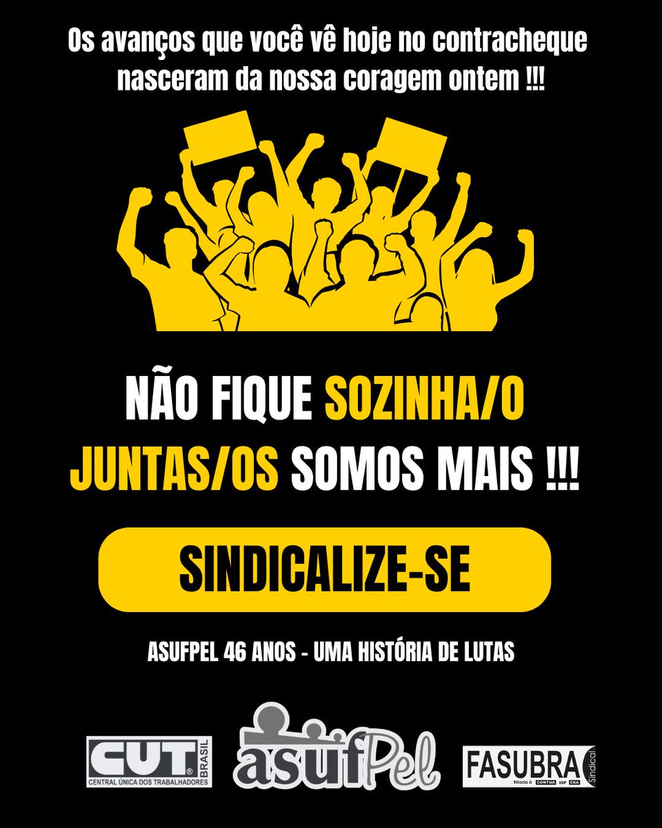 Os avanços que você vê hoje no contracheque nasceram da nossa coragem ontem !!!

Sindicalize-se ao ASUFPel e fortaleça a nossa representatividade.

➡️ É muito fácil, basta acessar o link e preencher o formulário: asufpel.com.br/filie_se .
