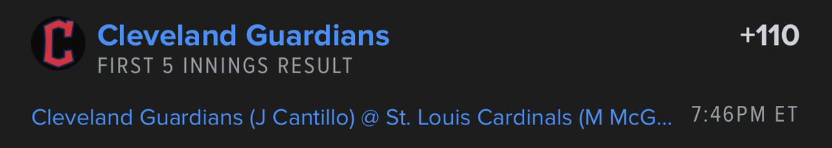 F5ModelGuy's tweet photo. 4/14

Game: Guardians vs Cardinals

Plays:

Guardians F5 ML -122 (good to -135)
-risk 1.9u to win 1.56u

Guardians F5 -0.5 +110 (good to +105)
-risk 1.2u to win 1.32u

Good luck

#MLB #GamblingTwitter #Gambling𝕏 #GuardsBall #STLCards https://t.co/MRdzCgIIHs