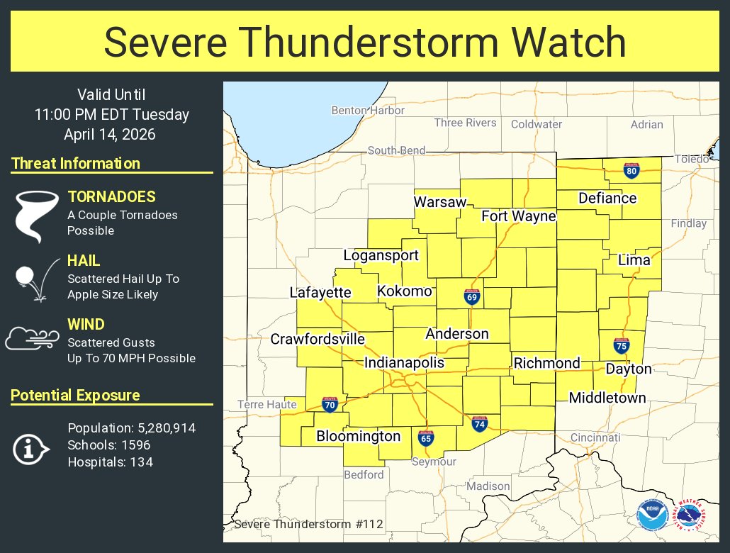 A severe thunderstorm watch has been issued for parts of Indiana and Ohio until 11 PM EDT