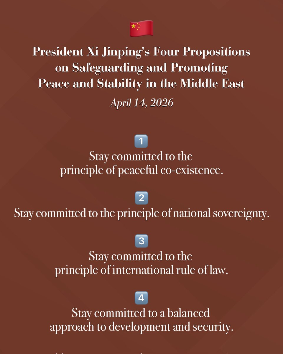 ChineseEmbinUS's tweet image. 🕊️President Xi Jinping made four propositions on safeguarding and promoting peace and stability in the #MiddleEast.   

1⃣Stay committed to the principle of peaceful co-existence. The Gulf states in the Middle East are close neighbors that cannot move away. It’s important to