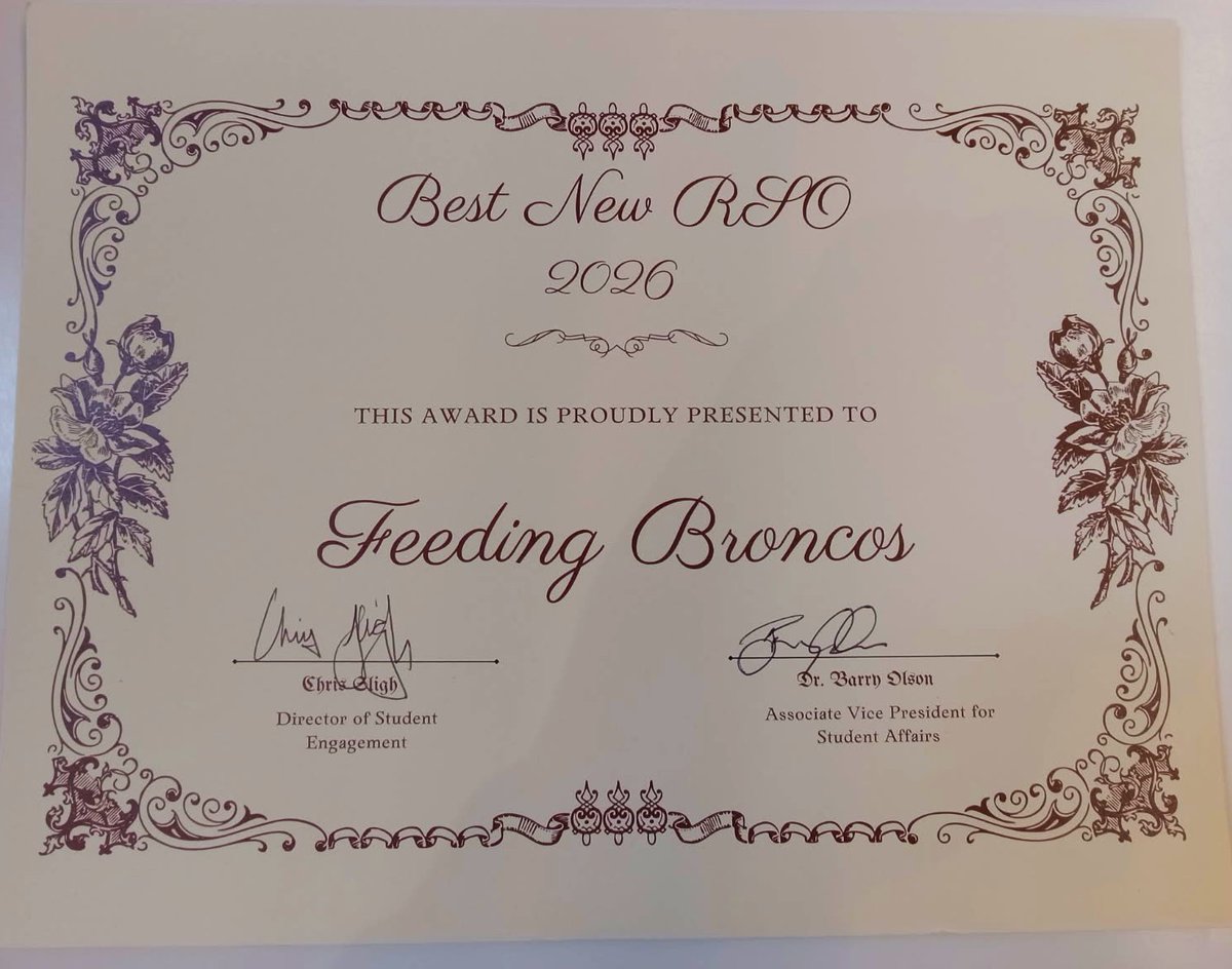 FeedingBroncos's tweet photo. @FeedingBroncos wins the @WesternMichU Golden Bronco Award as Best New RSO for 2026. Thanks to the Office of Student Engagement for recognizing us for fighting hunger on campus. Go Broncos! https://t.co/PW8Sri57o0