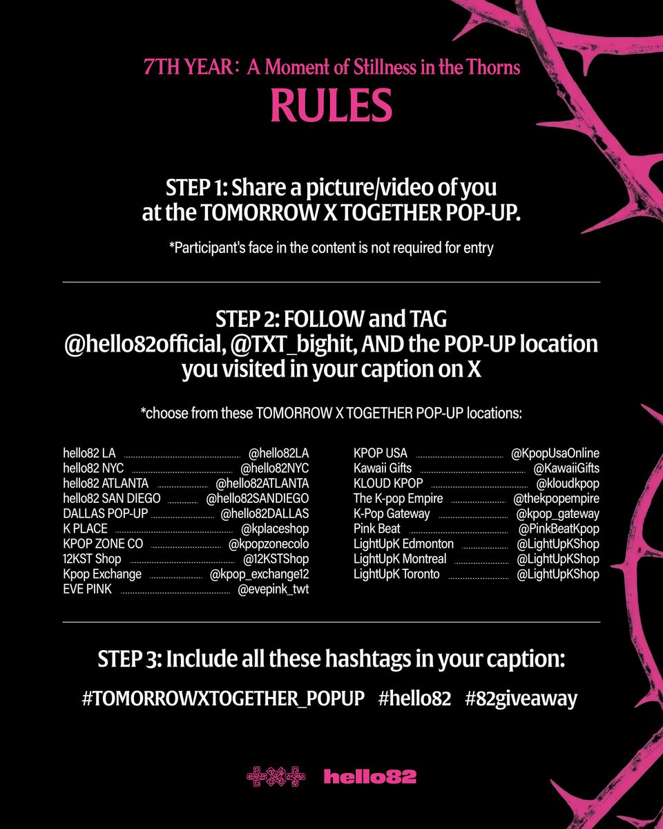 hello82official's tweet photo. MOA, are the manifestations working?
It's time to test your luck and enter the TOMORROW X TOGETHER POP-UP Giveaway 🍀

Entry Period: 4/17 - 4/19
Winners Selected: 4/20

🌟 4/17 - 4/19 | POP-UP hours may differ

Find a POP-UP near you ⬇️
🔗 https://t.co/OKcLMyNHyW

*The event participation is only eligible on X
*Winners will be chosen and contacted via DM on X ONLY

By entering this giveaway, entrants confirm to being 18 years old and are bound by these terms and conditions. U.S. and CANADA residents only, no purchase necessary. Any filming or photography involving members of the public must require explicit prior consent before being obtained. We reserve the right to disqualify any entry that violates these requirements; we are not liable for any failure of entries. hello82 is not responsible for any lost, damaged or stolen prize(s). Prizes are non-transferable and/or non-refundable. No cash alternative is available.

@TXT_bighit
#TOMORROW_X_TOGETHER #투모로우바이투게더 #7TH_YEAR #가시덤불에_잠시_바람이_멈췄을_때 #hello82 #hello82LA #hello82NYC #hello82ATLANTA #hello82DALLAS #hello82SANDIEGO