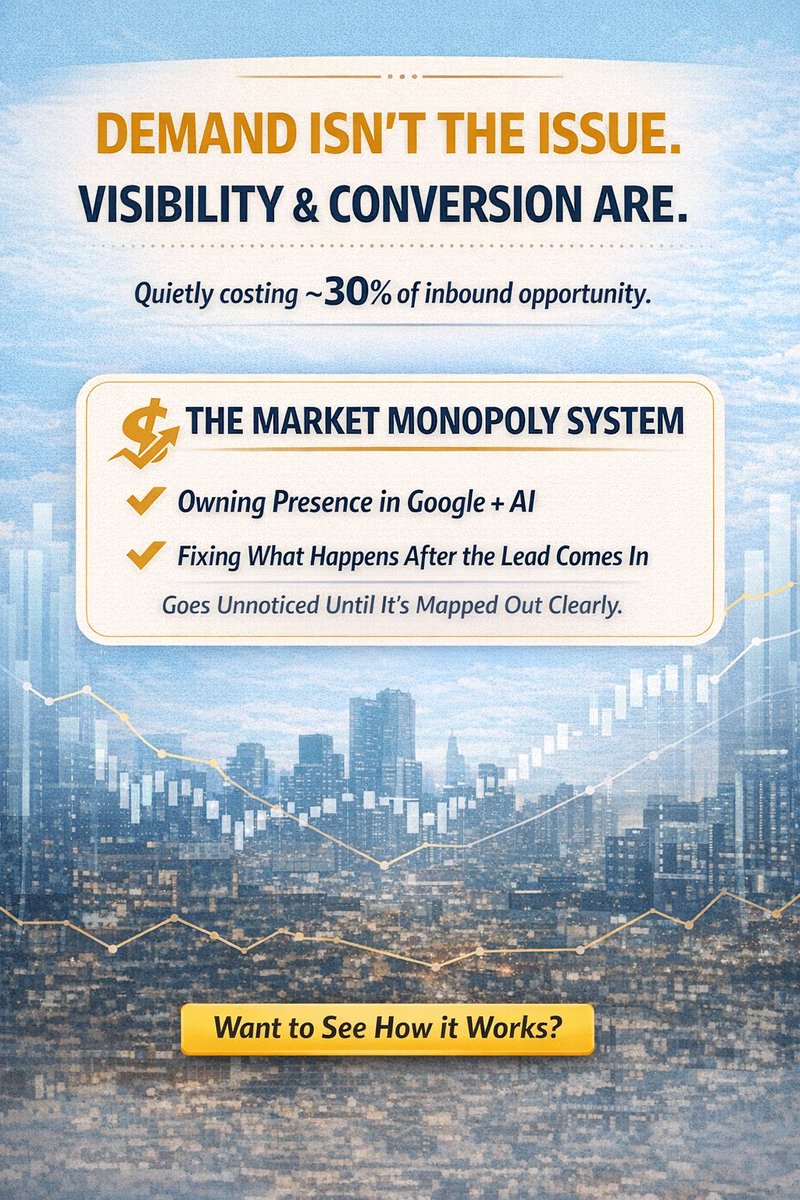 WhizFish's tweet photo. Demand isn’t the issue.
Visibility and conversion are.
Across many markets, that gap is quietly costing ~30% of inbound opportunity.

The Market Monopoly System was built around this exact problem:
• Owning presence in Google + AI
• Fixing what happens after the lead comes in https://t.co/kxgjYCmSuX