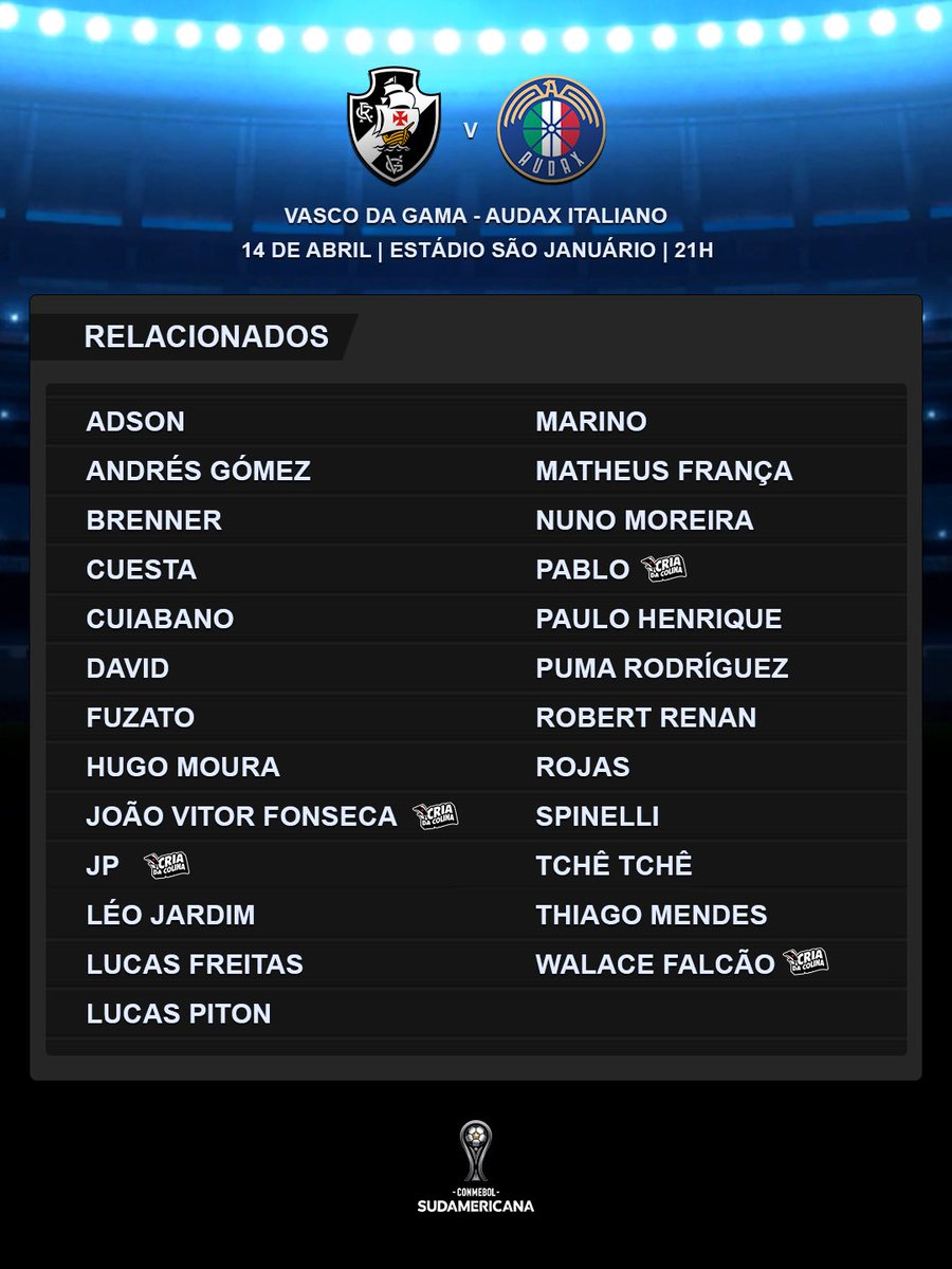 VascodaGama's tweet photo. 📋 Relacionados para enfrentar o Audax Italiano, do Chile, pela CONMEBOL Sudamericana 💢

#VASxAUD
#RelacionadosVasco
#VascoDaGama https://t.co/Uv9UOiKT0x