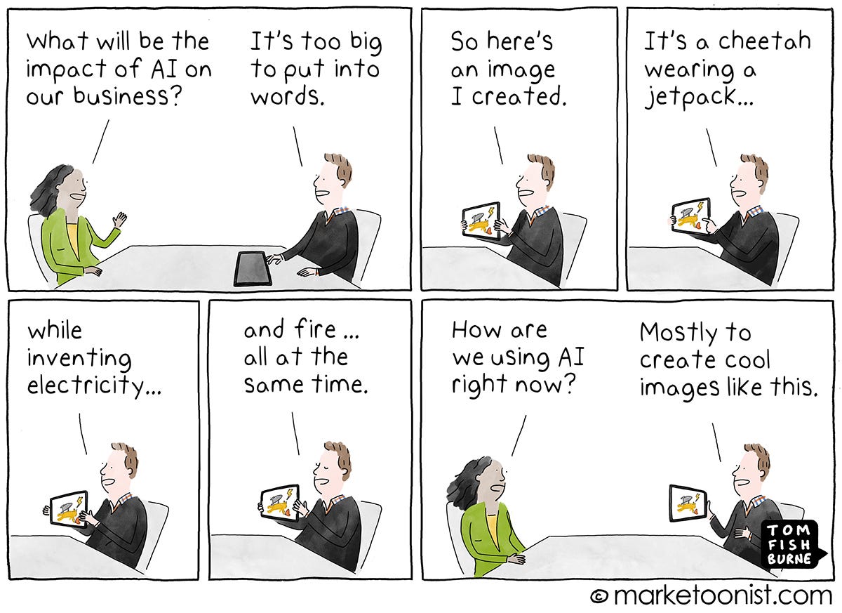 AI's impact on your business: too big to put into words. Also apparently: cheetah. Jetpack. Fire. We'll help you prep for the first one. 😂