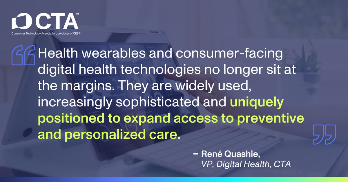 CTATech's tweet photo. TOMORROW: CTA’s Vice President of Digital Health René Quashie will testify before @HouseCommerce on the Digital Health Screeners Act of 2026 and the promise of health wearables. https://t.co/wnt43xFOUh https://t.co/sRgqXyUTaY