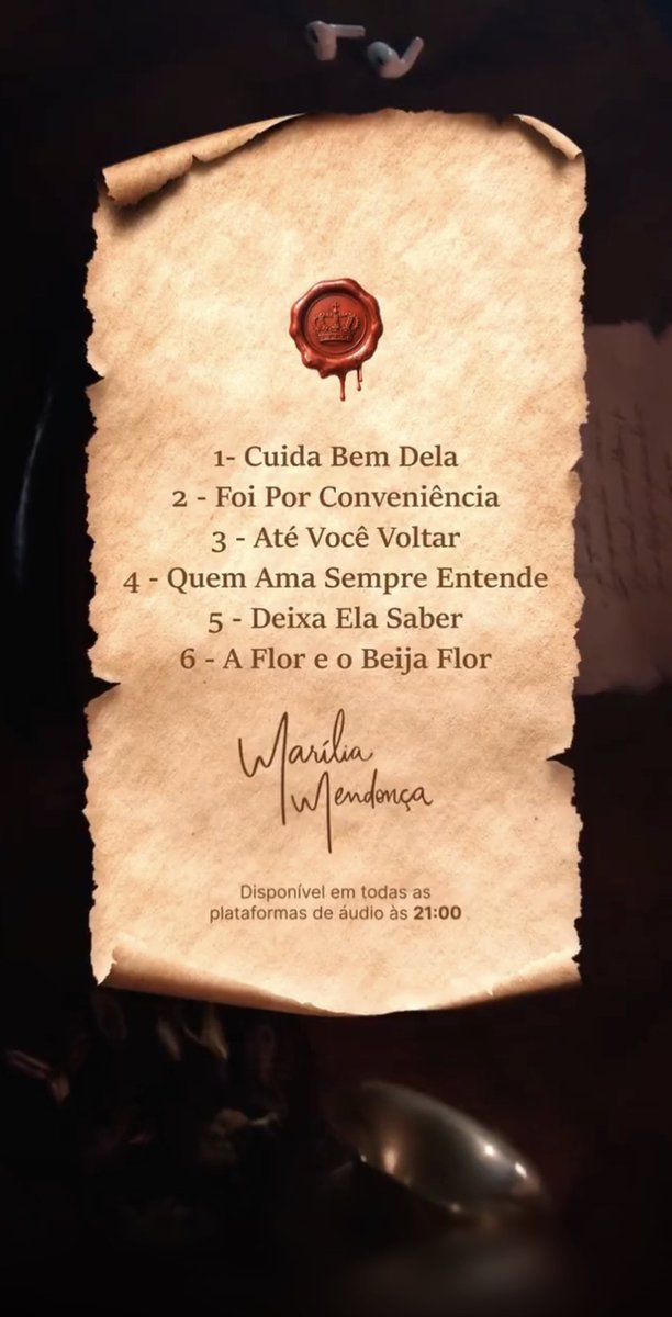 MariliaMDailyBr's tweet photo. VAI EMOCIONAR! Músicas Oficias que serão lançadas em um Ep inédito de Marília Mendonça, dando início aos Manuscritos Reais! 👑 https://t.co/JbJxMWSFMA