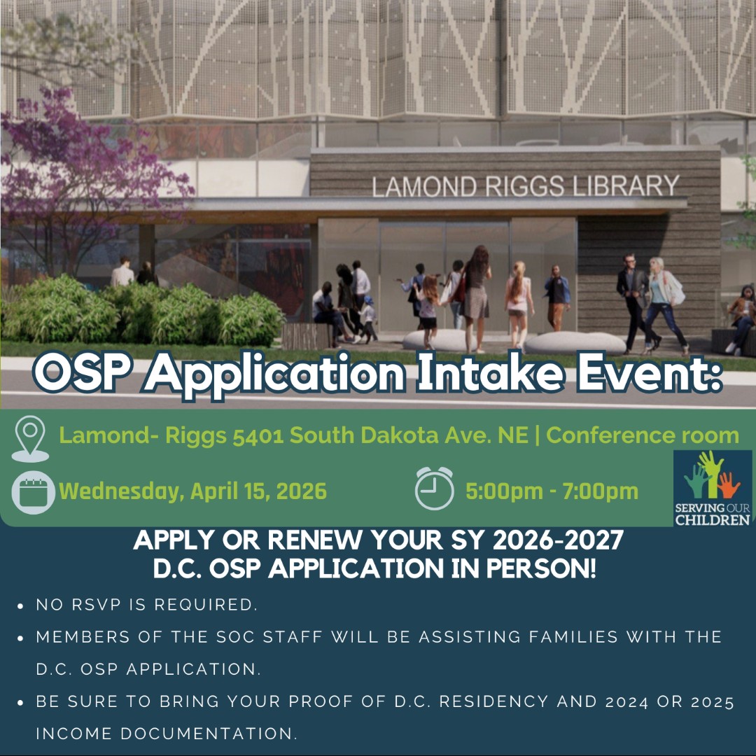 DCosp's tweet photo. OSP Application Intake Event: Lamond Riggs Library | Tomorrow at 5 pm
We will be assisting families with the D.C. OSP Application. Be sure to bring your proof of D.C. Residency and 2024 or 2025 Income documentation https://t.co/gJOT1mqRsu