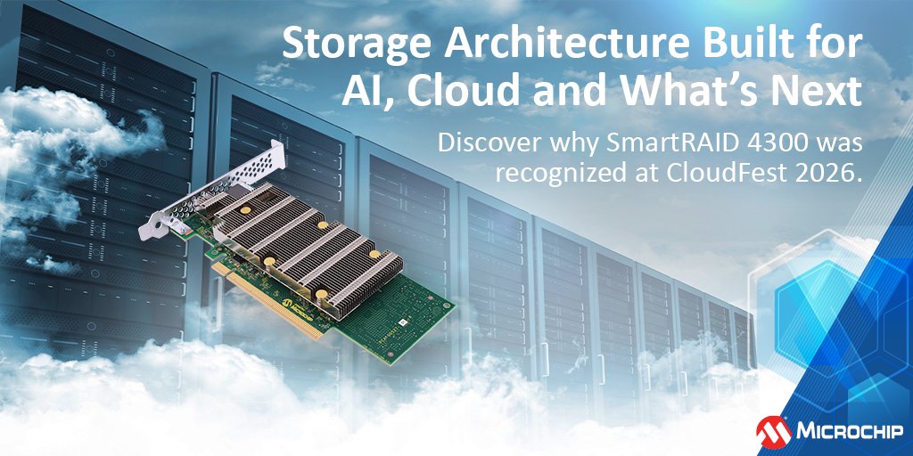MicrochipTech's tweet image. Most legacy storage solutions were not built for AI and cloud-scale demands. Our Adaptec® SmartRAID 4300 rethinks RAID architecture. Read the blog to learn why it was recognized at CloudFest 2026: mchp.us/3QkzNyV. #CloudFest #DataCenter #SmartStorage