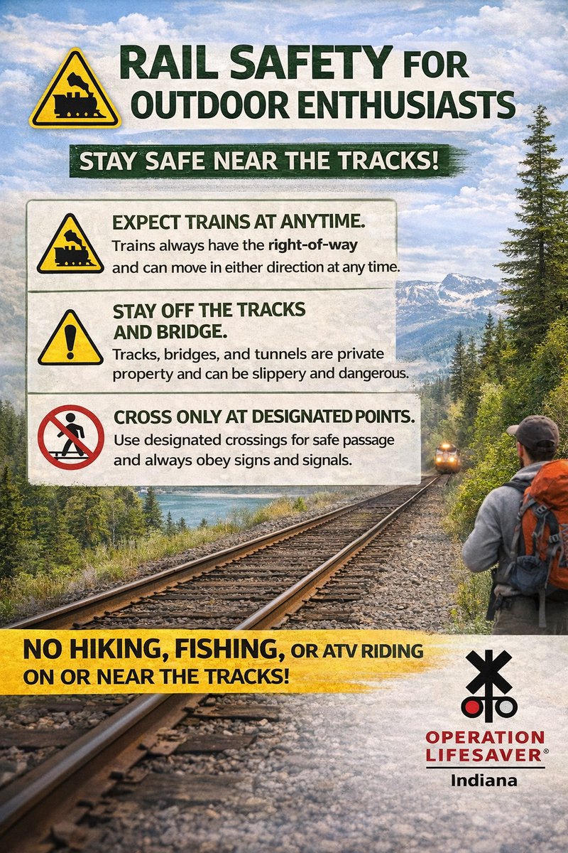 IndianaOpLife's tweet photo. 🚨 Adventure seekers, listen up! 🚫 Staying off railroad tracks &amp; property is not just safe—it's the law! Explore nature, but do it wisely! 🌲💚 #StaySafe https://t.co/YpBqUW0DOA