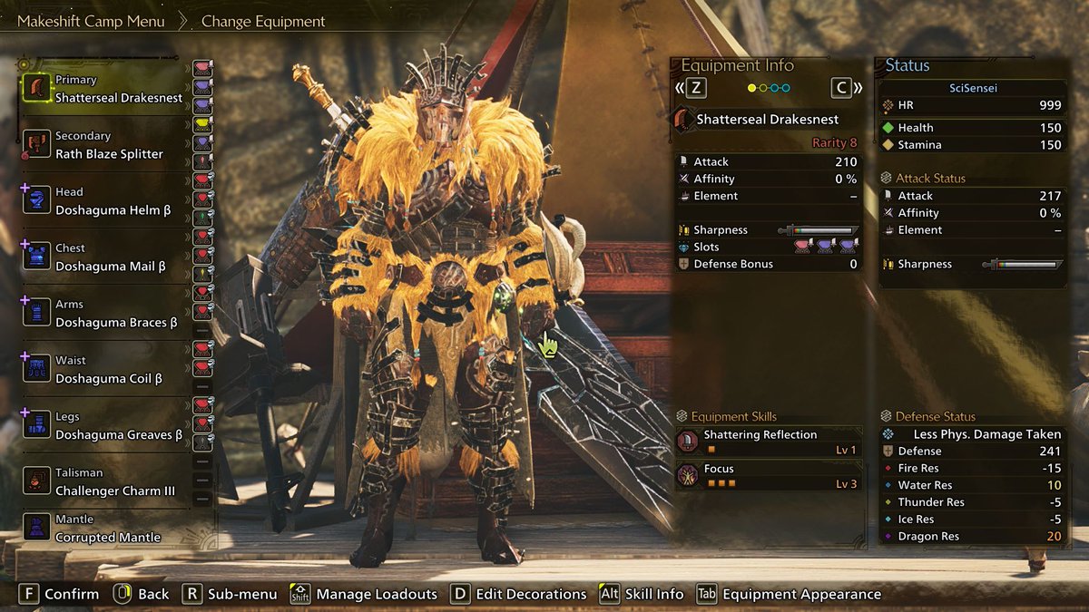 #huntingparty break down:
Doshaguma GS and SA set is meant for those who prefer raw power, getting stronger when getting hit, or matching the monsters with skills like Agitator or counterstrike along. Clash with the monster to gain even more strength with Doshaguma's Might