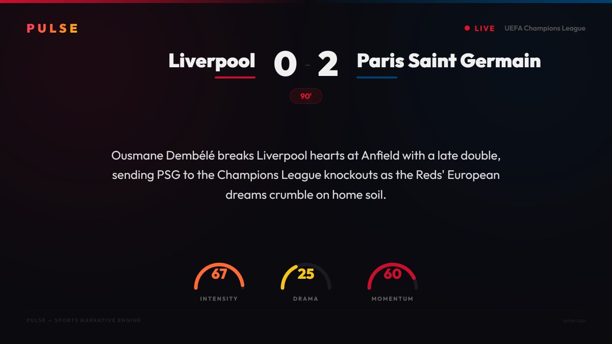 PulseMatchEN's tweet photo. 🏁 Liverpool 0-2 Paris Saint Germain
UEFA Champions League

FULL TIME
Ousmane Dembélé breaks Liverpool hearts at Anfield with a late double, sending PSG to the Champions League knockouts as the Reds' European dreams crumble on home soil. https://t.co/i4caXBsmhD