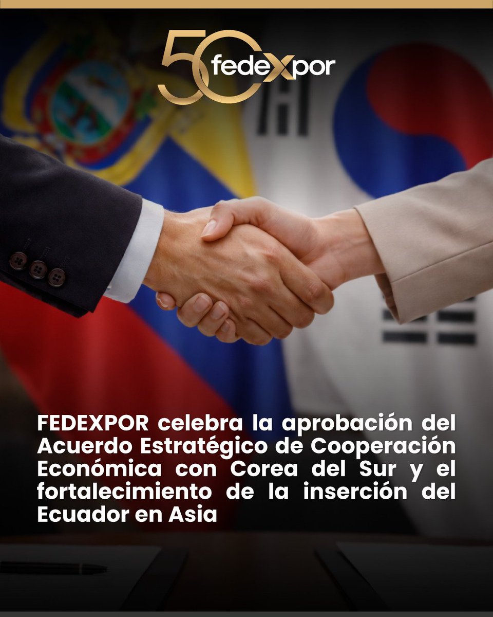 Fedexpor's tweet photo. 🇪🇨🤝🇰🇷 FEDEXPOR celebra la aprobación del Acuerdo Estratégico de Cooperación Económica con Corea del Sur y el fortalecimiento de la inserción del Ecuador en Asia.

La aprobación del Acuerdo Estratégico de Cooperación Económica (SECA) en la Asamblea Nacional permitirá al Ecuador avanzar en su vinculación con una de las principales economías del mundo 🌏. 

Desde FEDEXPOR destacamos que este instrumento podría generar un incremento potencial aproximado de USD 367 millones en exportaciones en el mediano plazo 📈, al ampliar oportunidades para nuestra oferta tradicional y productos de alto potencial en ese mercado. 

Esto contribuirá a fortalecer la competitividad del país, atraer inversión 💼, generar empleo sostenible y desarrollo en las economías locales.