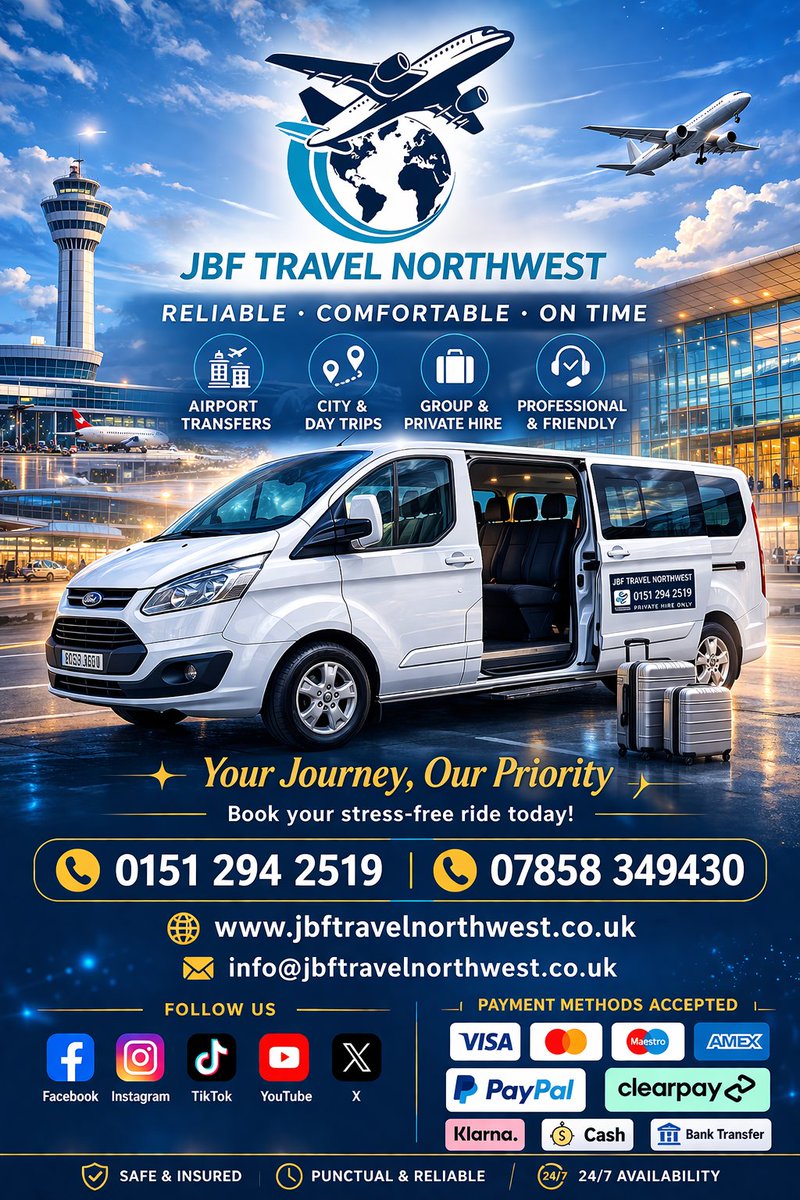 jbf_travel's tweet image. #airporttransfers #privatehire #traveluk #LiverpoolTransfers #manchesterairport #NorthWestUK #jbftravelnorthwest #ReliableService #booknow #StressFreeTravel #uktravel #ProfessionalDrivers #24_7Service #grouptravel #ExploreUK #travelservices #liverpoolairport