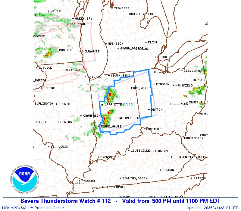 NWSSPC's tweet image. 4:02pm CDT #SPC_Watch WW 112 SEVERE TSTM IN OH 142100Z - 150300Z, #inwx #ohwx, spc.noaa.gov/products/watch…