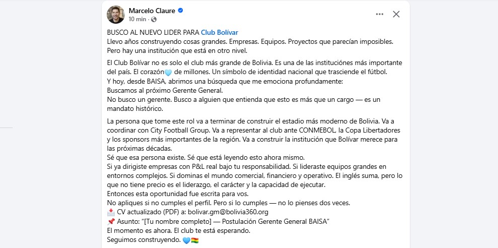 LaRazon_Bolivia's tweet photo. @marceloclaure , presidente de @Bolivar_Oficial , posteo un texto en el que busca dar con el próximo Gerente General de BAISA. 
#Bolívar #MarceloClaure #Baisa
@LaRazon_Bolivia https://t.co/OZneng9Je4