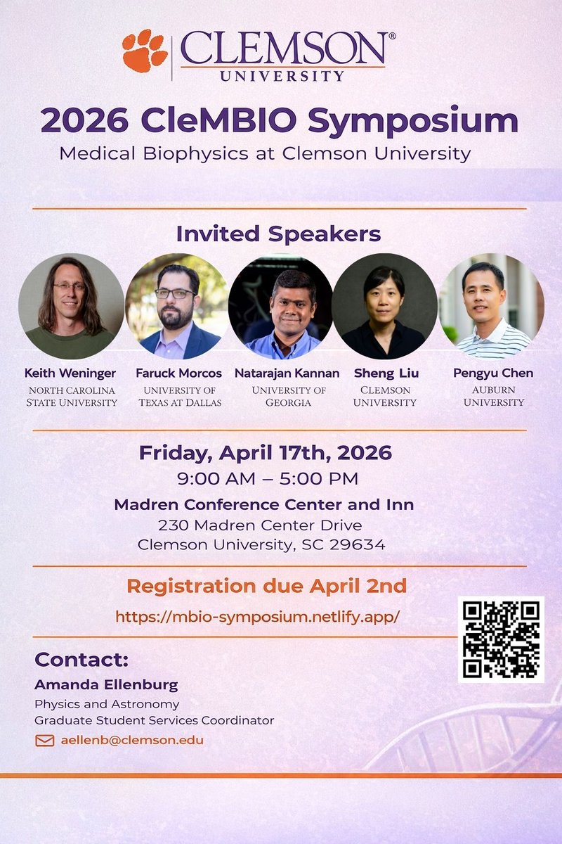 FinziDunlapLab's tweet photo. We are looking forward to hosting the inaugural Clemson Medical Biophysics (CleMBIO) Symposium this Friday, April 17th featuring an exceptional list of speakers! https://t.co/TlyRrZLAQT