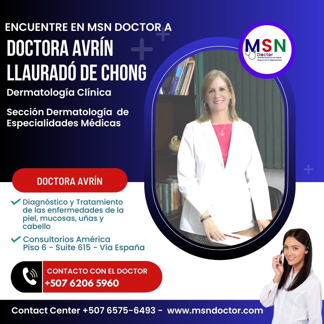 Dra. Avrín Llauradó de Chong, dermatóloga clínica especializada en piel, mucosas, uñas y cabello. 5⭐ de 490 pacientes. Más info aquí msndoctor.com/doctora-avrin-…
📞 +507 6575-6493
#Dermatología #Salud #MSNDoctor