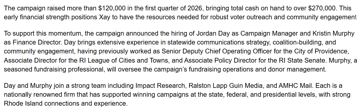 FitzProv's tweet photo. R.I. lieutenant governor candidate @XayForRI reports raising $120,000 in first quarter of 2026 and hiring of @JordanADay as campaign manager and Kristin Murphy as finance director. https://t.co/YlypmDJb9g