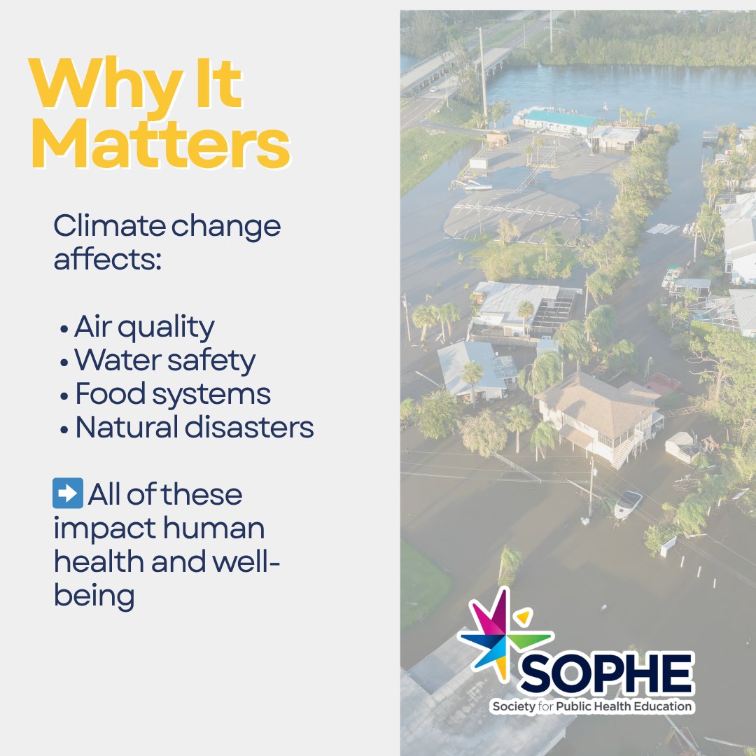 SOPHEtweets's tweet image. Climate change isn’t just about the environment—it’s about our health. 🌎

From air quality to food systems to extreme weather, climate change is already shaping health outcomes across communities.

 #ClimateAndHealth #HealthEquity #SOPHE #ClimateAction #HealthEducation