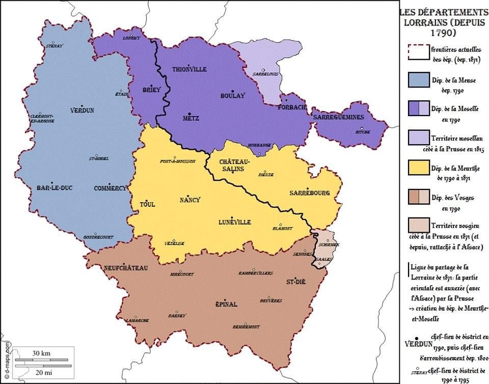Parti_Lorrain's tweet image. Carte des départements de la #Lorraine avant 1870. Une partie des départements actuels de Meurthe, de Moselle et des Vosges fut annexée au Reich en 1871. D'où les appellations de Meurthe-et-Moselle et d'Alsace-Lorraine.