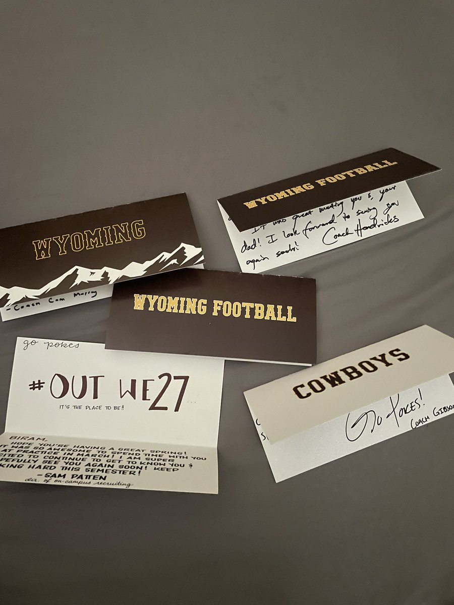 BiramG2027's tweet photo. So grateful for @Coach_DGibson ,@CoachBHen and everyone at @wyo_football for these hand written letters. So appreciative of your guys continued support.#GoPokes #OutWe27 #AGTA https://t.co/h8Yl8oJ0jr