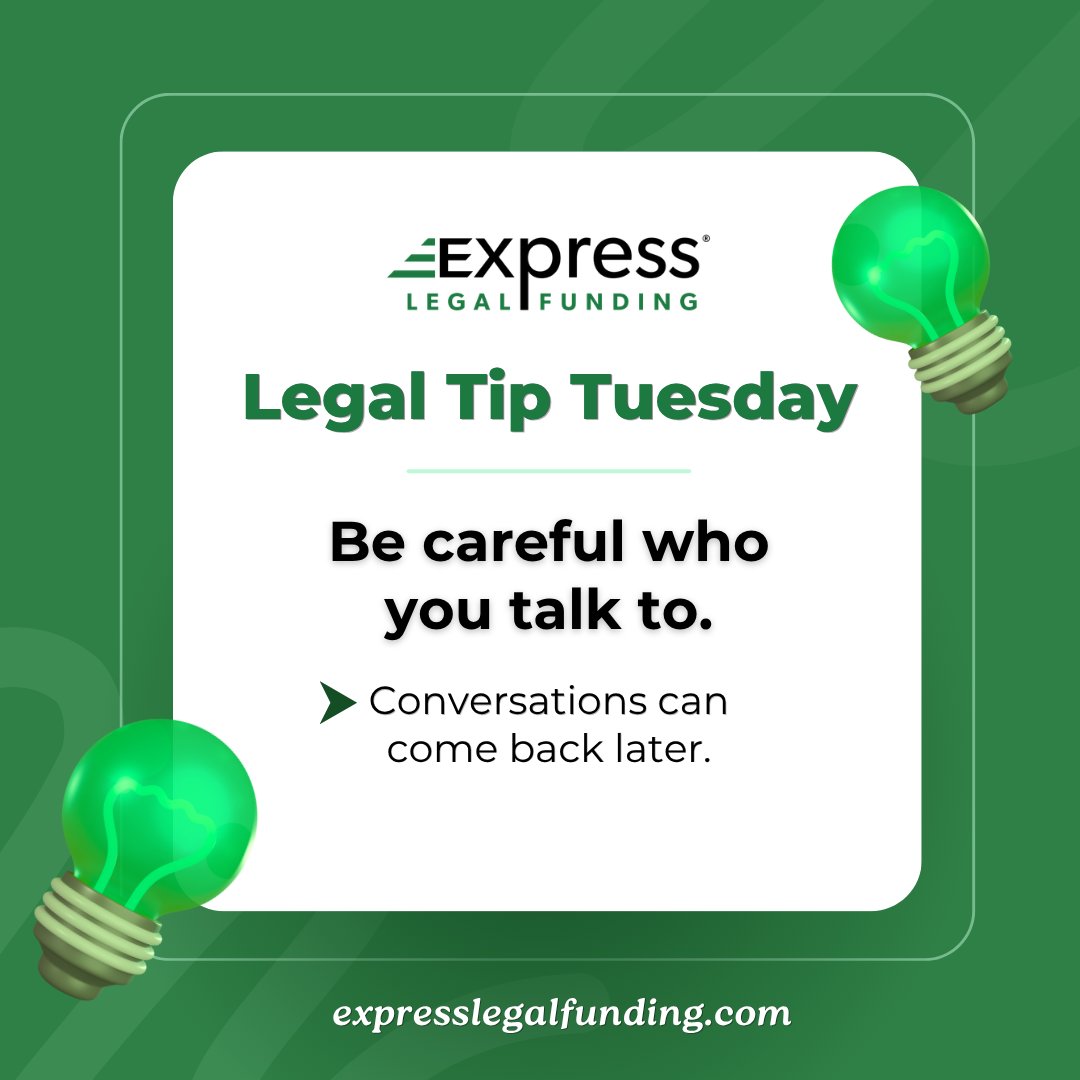 FundingExpress's tweet photo. Legal Tip Tuesday 🚨

Talking about your case with friends or others might feel harmless—but it can carry risks.

Details can be misunderstood, shared, or even used later on as evidence.

It’s best to keep conversations about your case limited.

Stay cautious. Protect your claim. https://t.co/o7vytaxa64