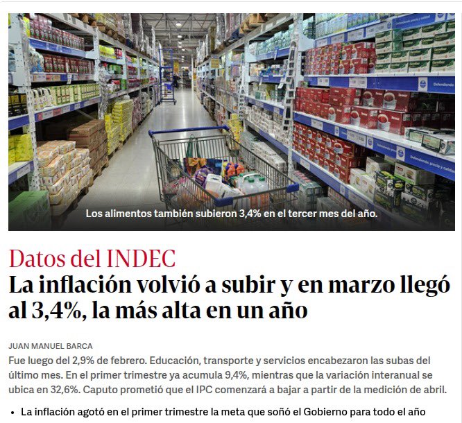 Volvió a subir la inflación. Otra vez. Y de seguir asi, la anual de este año terminaría siendo más alta que la de 2025. 

No es lo que nos prometieron. No es lo que tendría que ocurrir después pasar la motosierra, recortar los gastos y de apagar la economía como la vienen