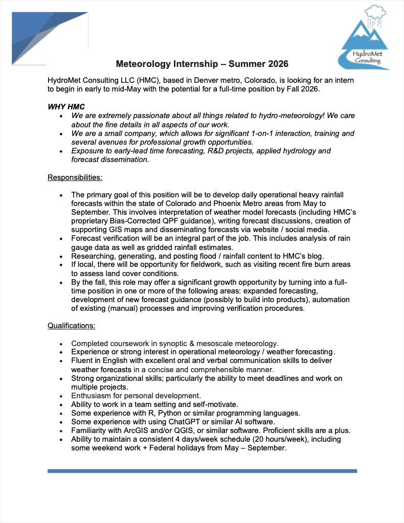 HydroMetLLC's tweet photo. Hey #cowx and #wxtwitter, we are searching for a summer intern (meteorologist) to help advance our hydro-meteorological forecast operations and other R&amp;D projects.   

Check out the attached posting, and please share with others that may be interested! https://t.co/WPCqNhC02E