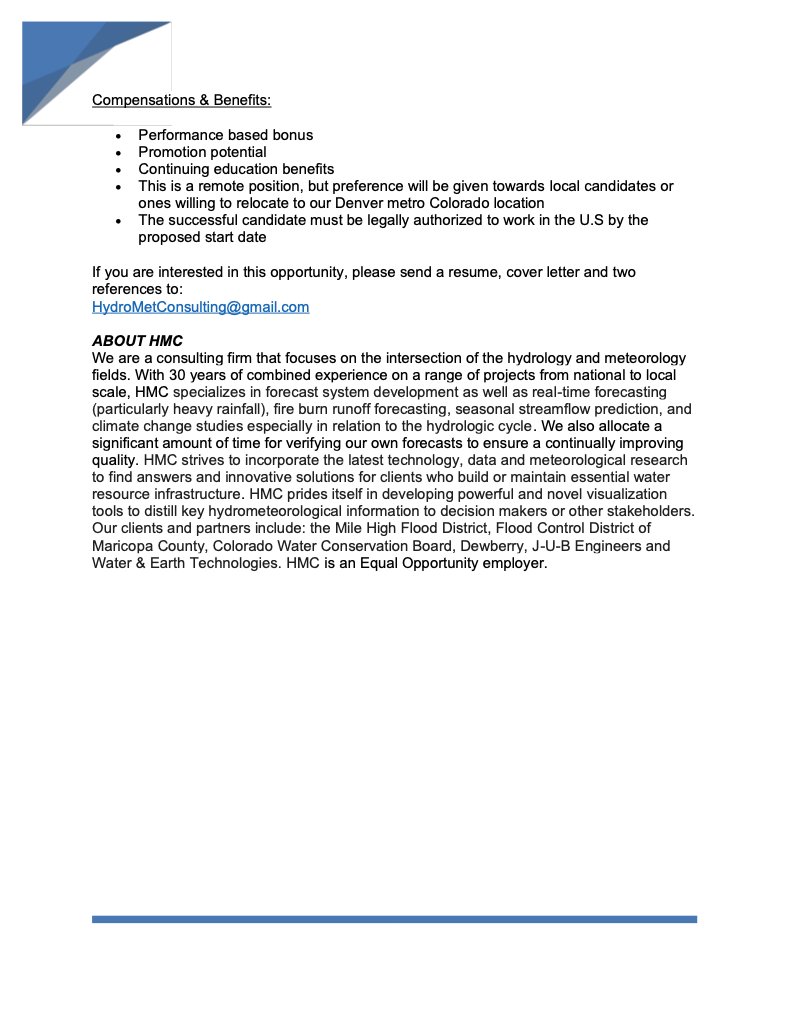 HydroMetLLC's tweet photo. Hey #cowx and #wxtwitter, we are searching for a summer intern (meteorologist) to help advance our hydro-meteorological forecast operations and other R&amp;D projects.   

Check out the attached posting, and please share with others that may be interested! https://t.co/WPCqNhC02E