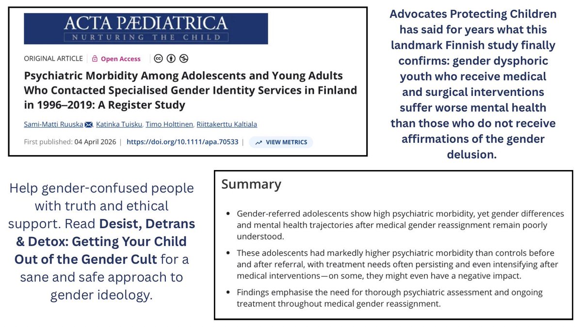 AdvocatesPC's tweet photo. Confirmed: Gender dysphoric youth who receive medical and surgical interventions suffer worse mental health than those who do not receive affirmations of the gender delusion. https://t.co/XhBtZuwpGZ
